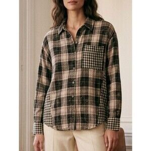 💎 Mystree Plaid Button-Up Shirt with Contrast Pocket Black & Cream Size S